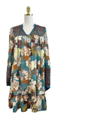 Easel Teal Floral Boho Long-Sleeve  Ruffle Tunic Mini Dress Size M